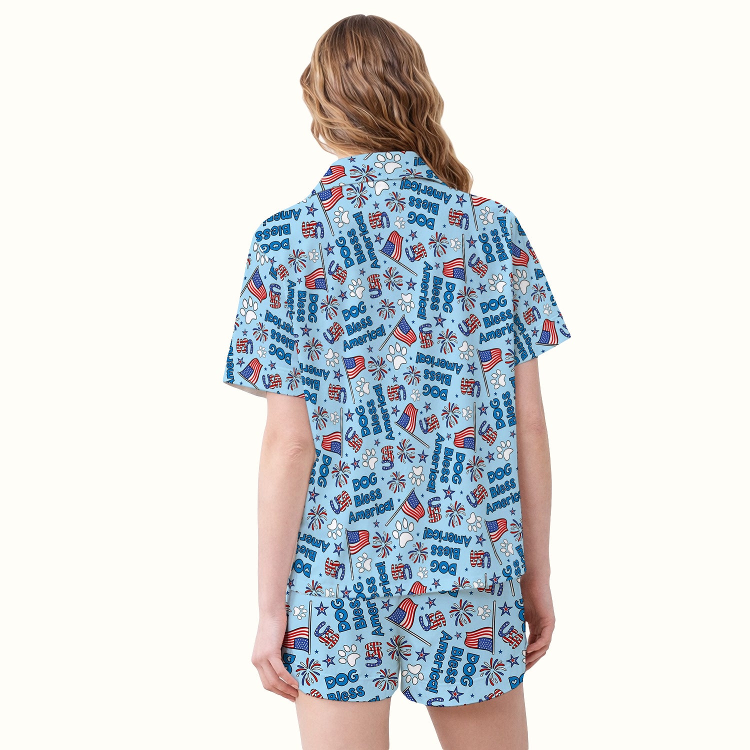 Funny Patriotic Dog Bless America Flag Pattern Pajama Set, Soft Breathable Fabric Comfortable Sleepwear
