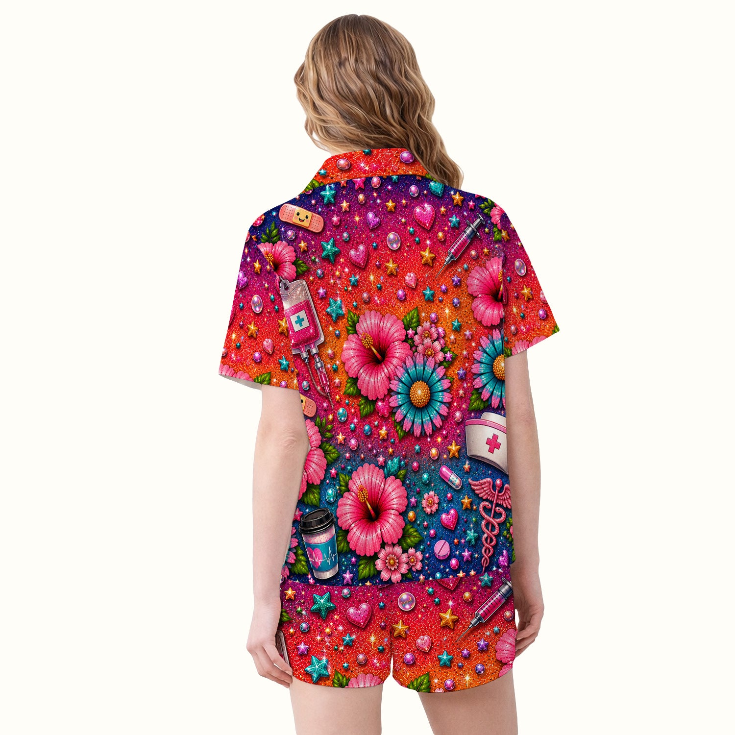 Colorful Nurse Life Heart Pattern Pajama Set, Soft Breathable Fabric Comfortable Sleepwear