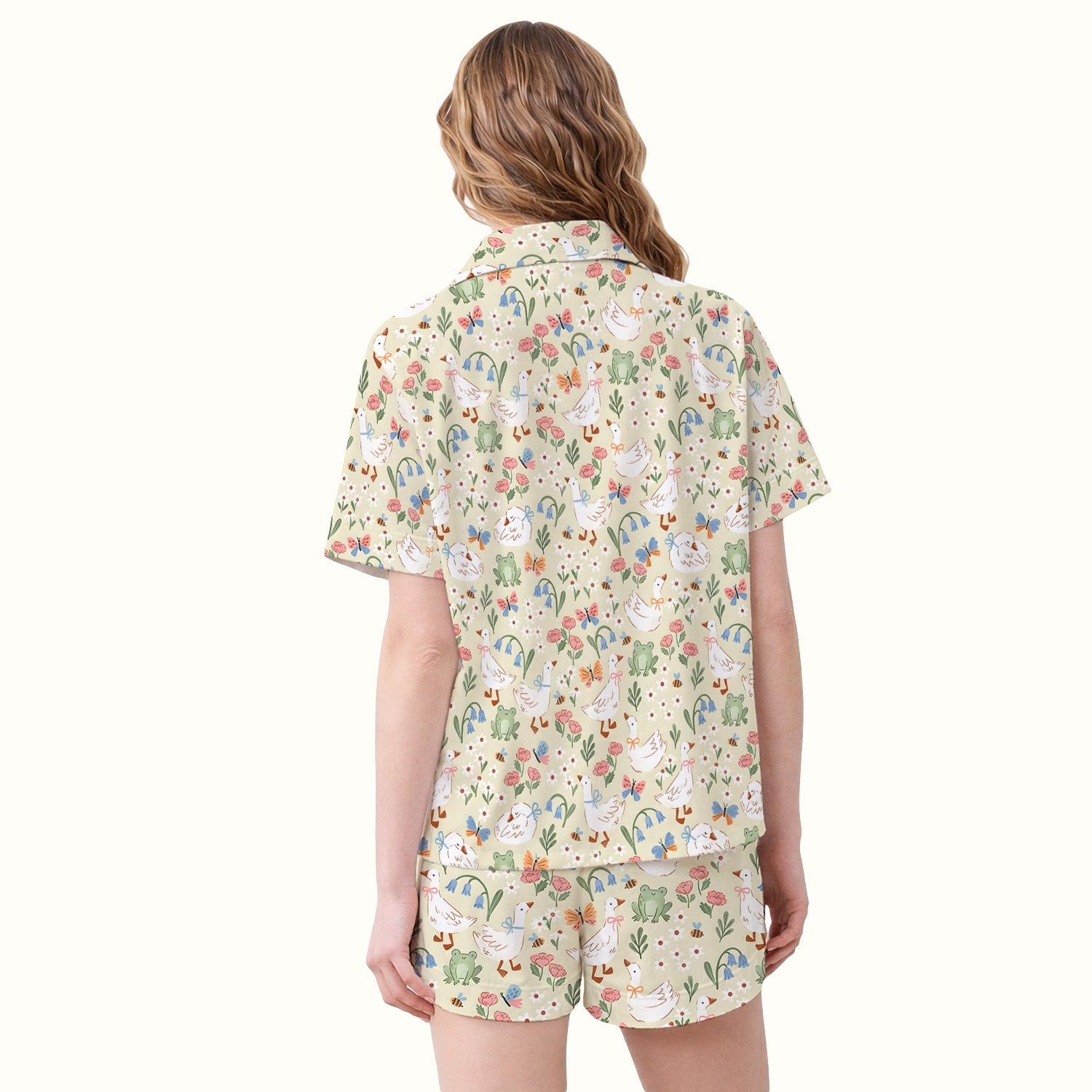 Cute Goose & Frog Garden Print Pajama Set, Soft Breathable Fabric Comfortable Sleepwear