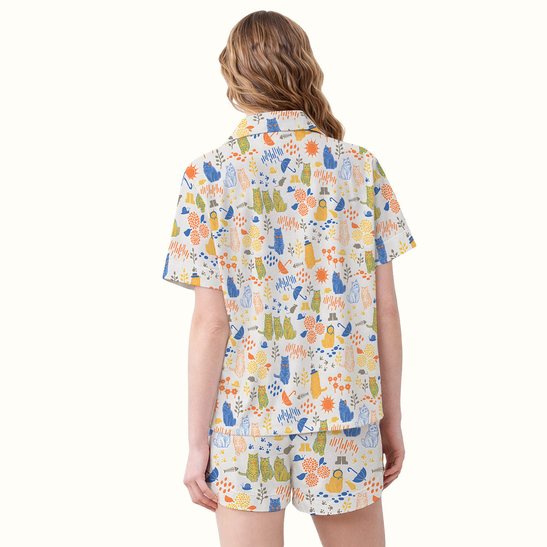 Cozy Rainy Day Cat Lover Nature Nurse Pattern Pajama Set, Soft Breathable Fabric Comfortable Sleepwear