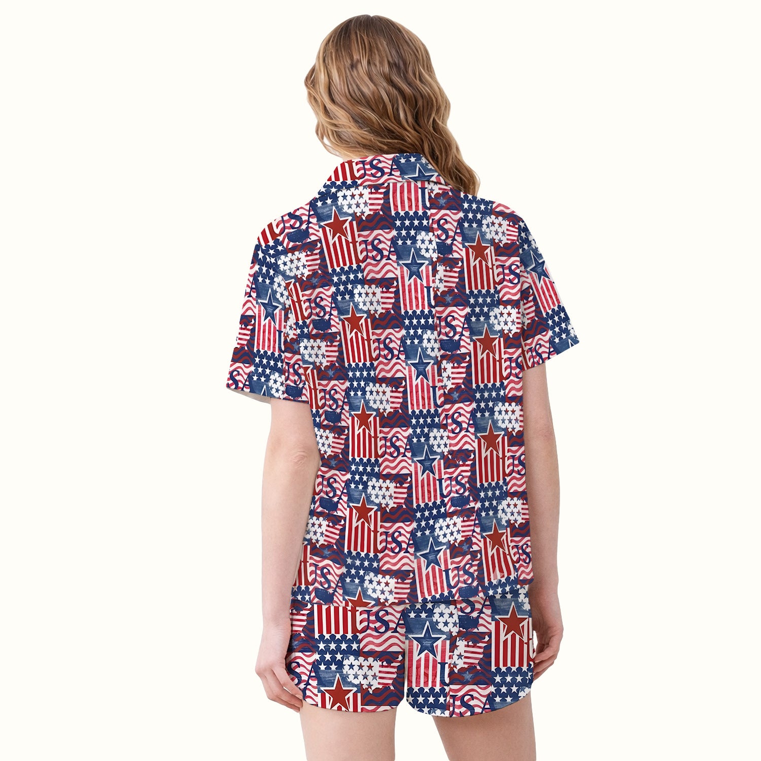 Patriotic USA Star Patchwork Pattern Pajama Set, Soft Breathable Fabric Comfortable Sleepwear