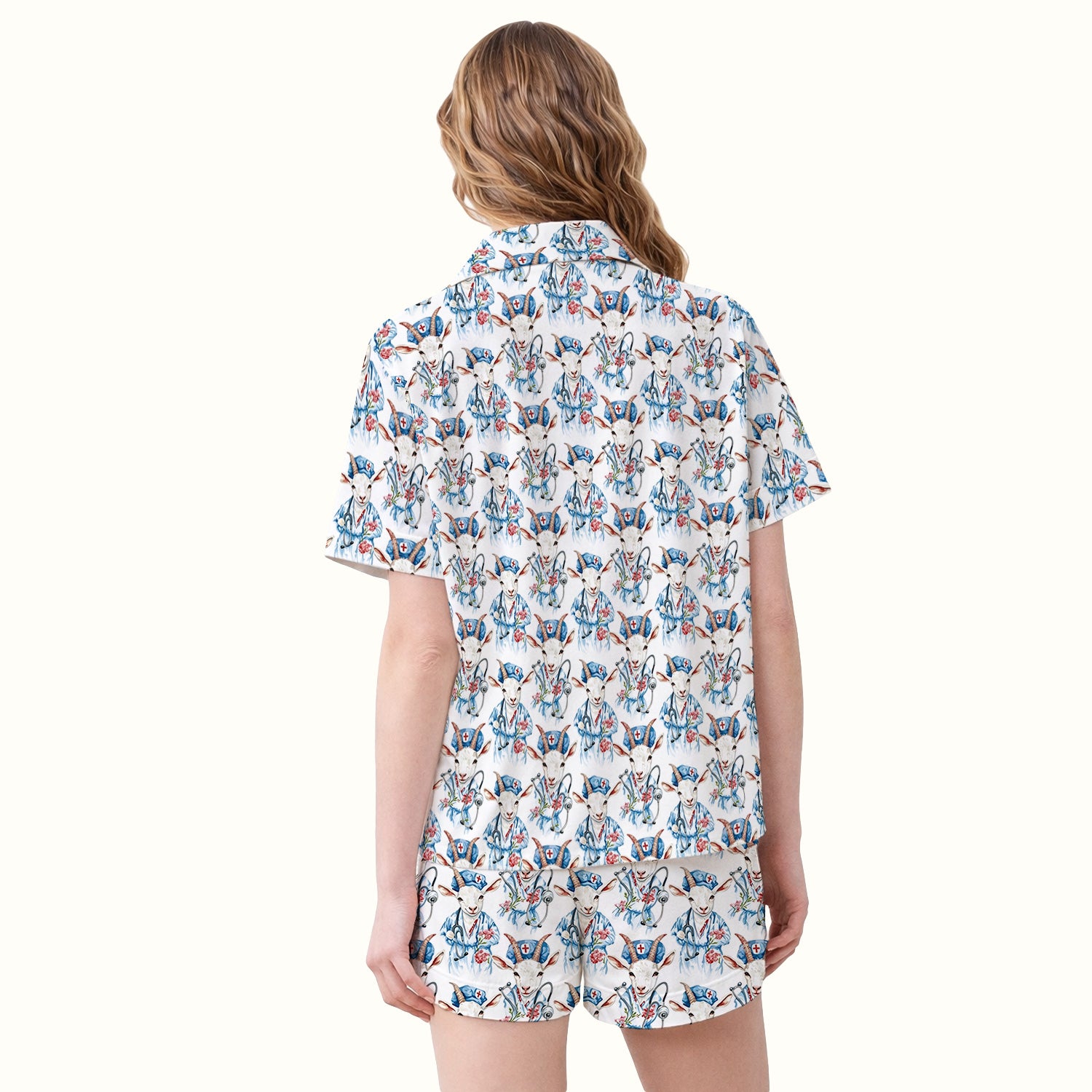 Cute Goat Animal Lover Pattern Pajama Set, Soft Breathable Fabric Comfortable Sleepwear