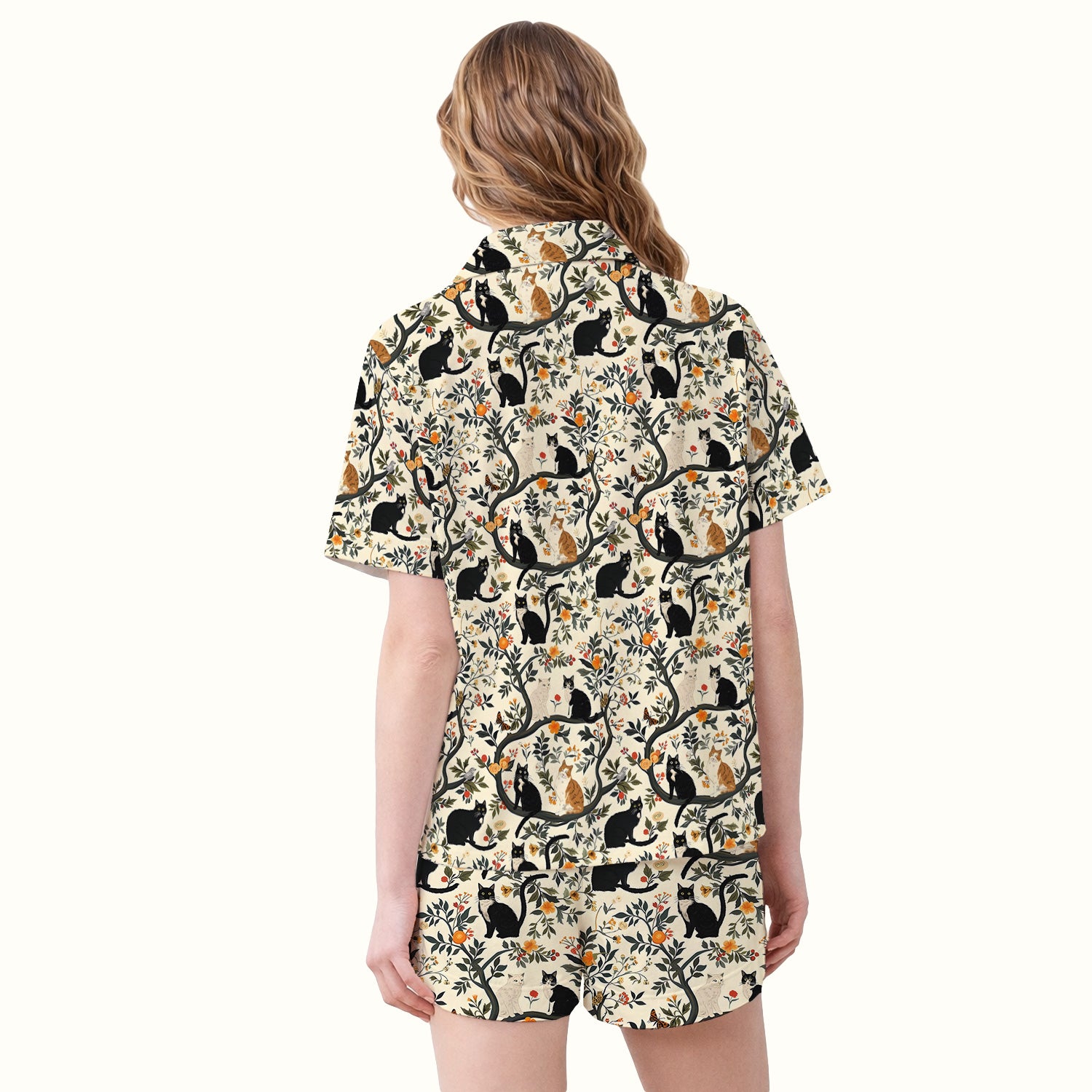 Vintage Black Cat Floral Pattern Pajama Set, Soft Breathable Fabric Comfortable Sleepwear