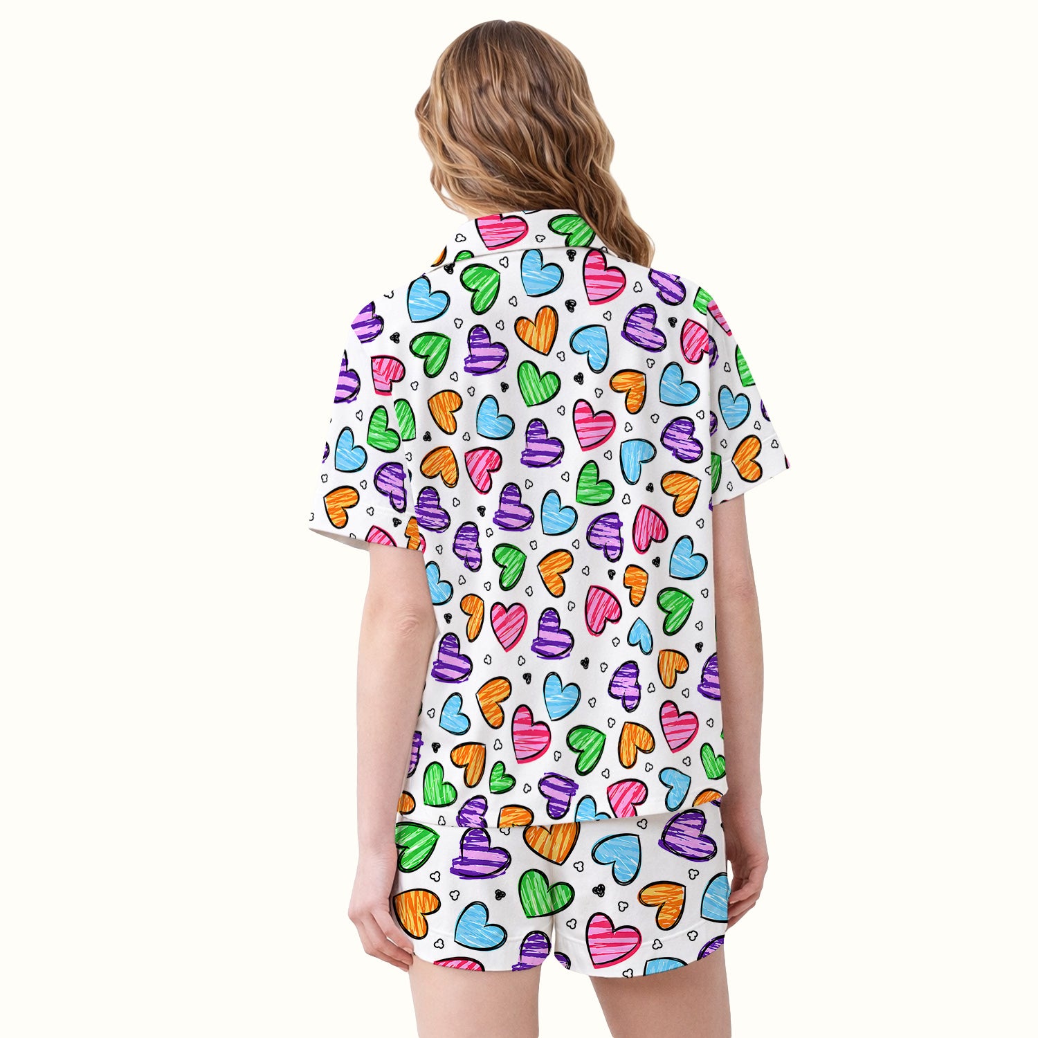 Colorful Doodle Heart Pattern Pajama Set, Soft Breathable Fabric Comfortable Sleepwear