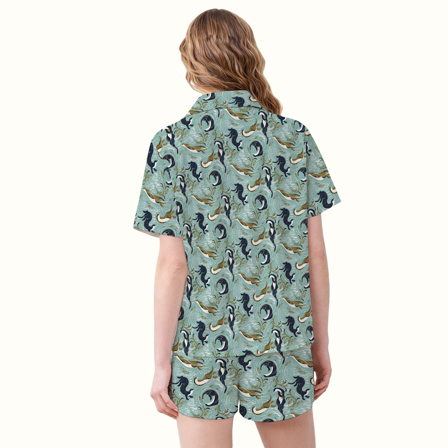 Sea Otter Ocean Wave Coastal Pattern Pajama Set, Breathable Fabrics Uniform