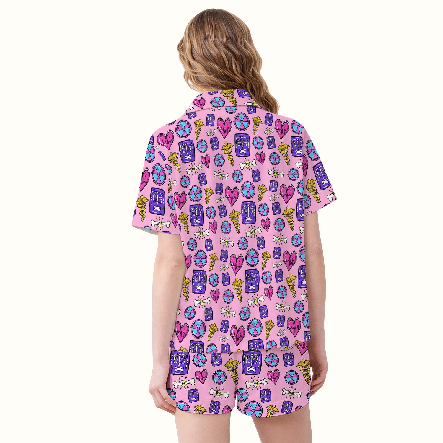 Sassy Nurse Heart Bone Caduceus Xray Icon Print Pajama Set, Soft Breathable Fabric Comfortable Sleepwear