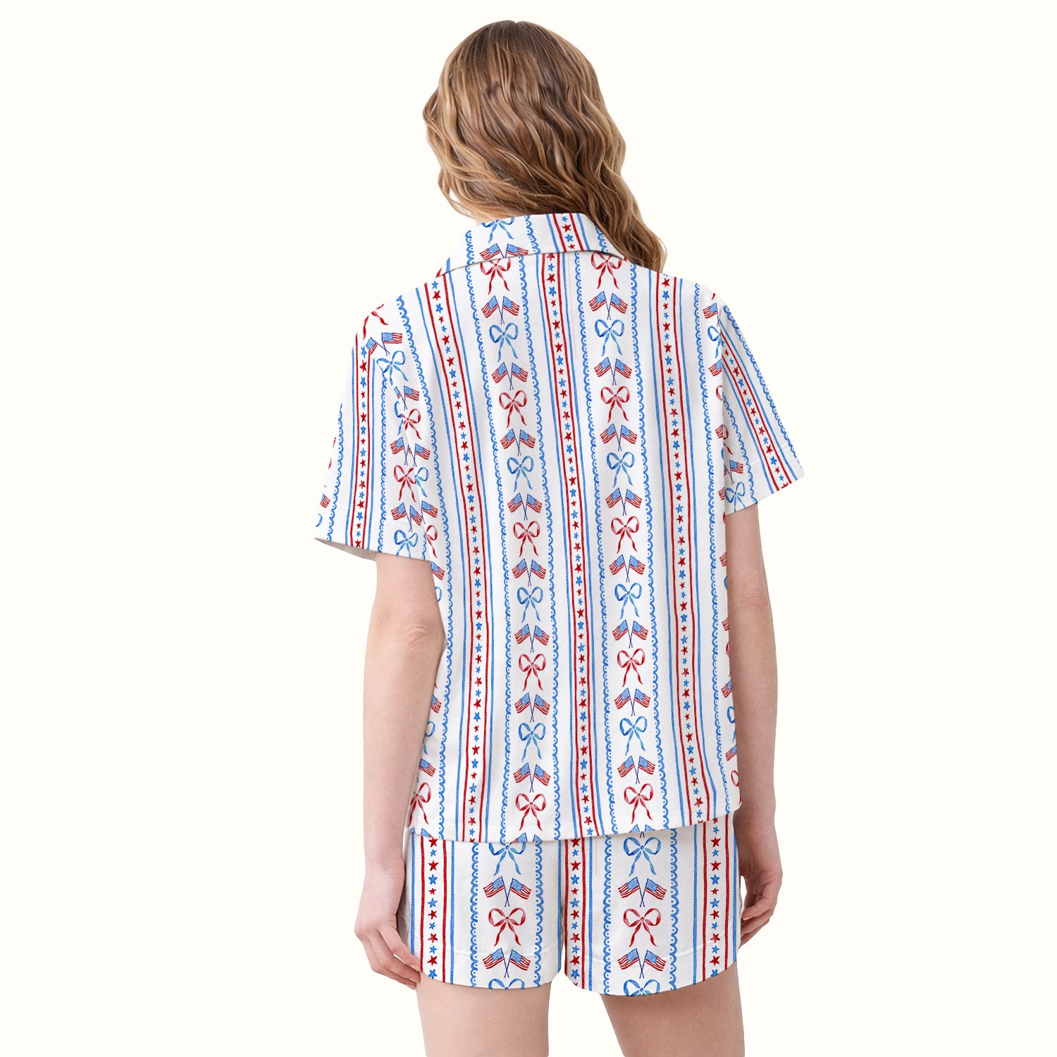 Patriotic USA Flag Bow Stripe Pattern Pajama Set, Soft Breathable Fabric Comfortable Sleepwear