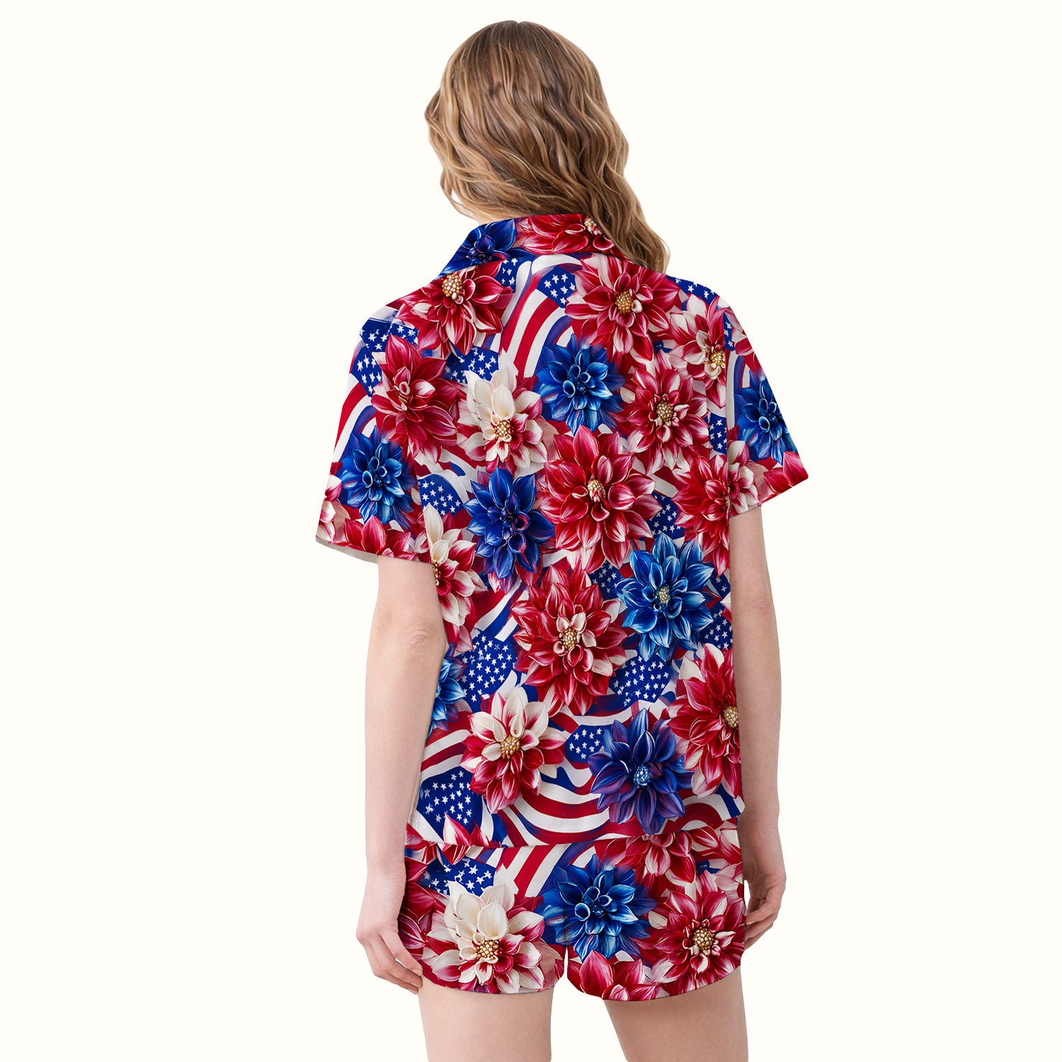 Festive Patriotic Floral Flag Pattern Pajama Set, Soft Breathable Fabric Comfortable Sleepwear
