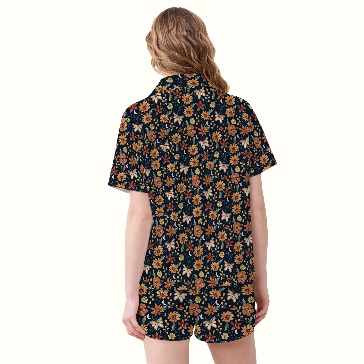 Charming Autumn Floral Butterfly Moon Pattern Pajama Set, Soft Breathable Fabric Comfortable Sleepwear