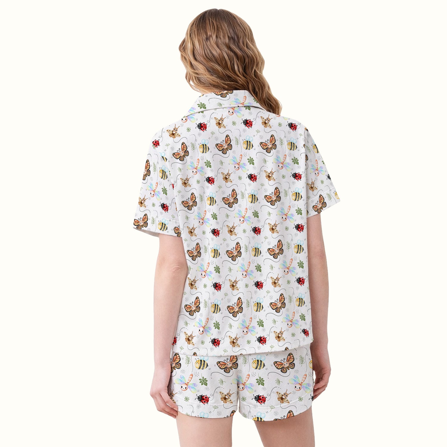 Colorful Garden Insect Pattern Pajama Set, Breathable Fabrics Uniform