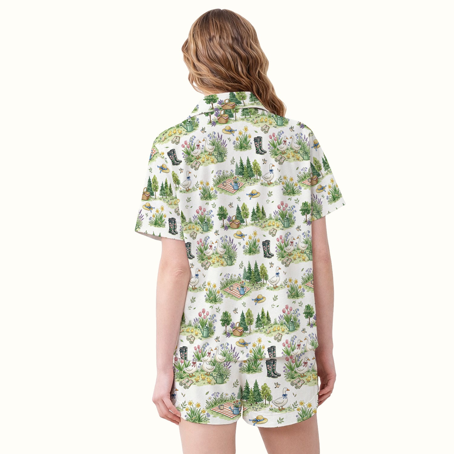 Cute Duck Garden Pattern Pajama Set, Breathable Fabrics Uniform