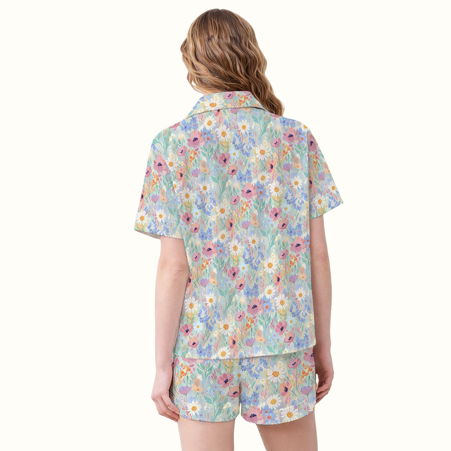 Pastel Wildflower Meadow Floral Pattern Pajama Set, Breathable Fabrics Uniform
