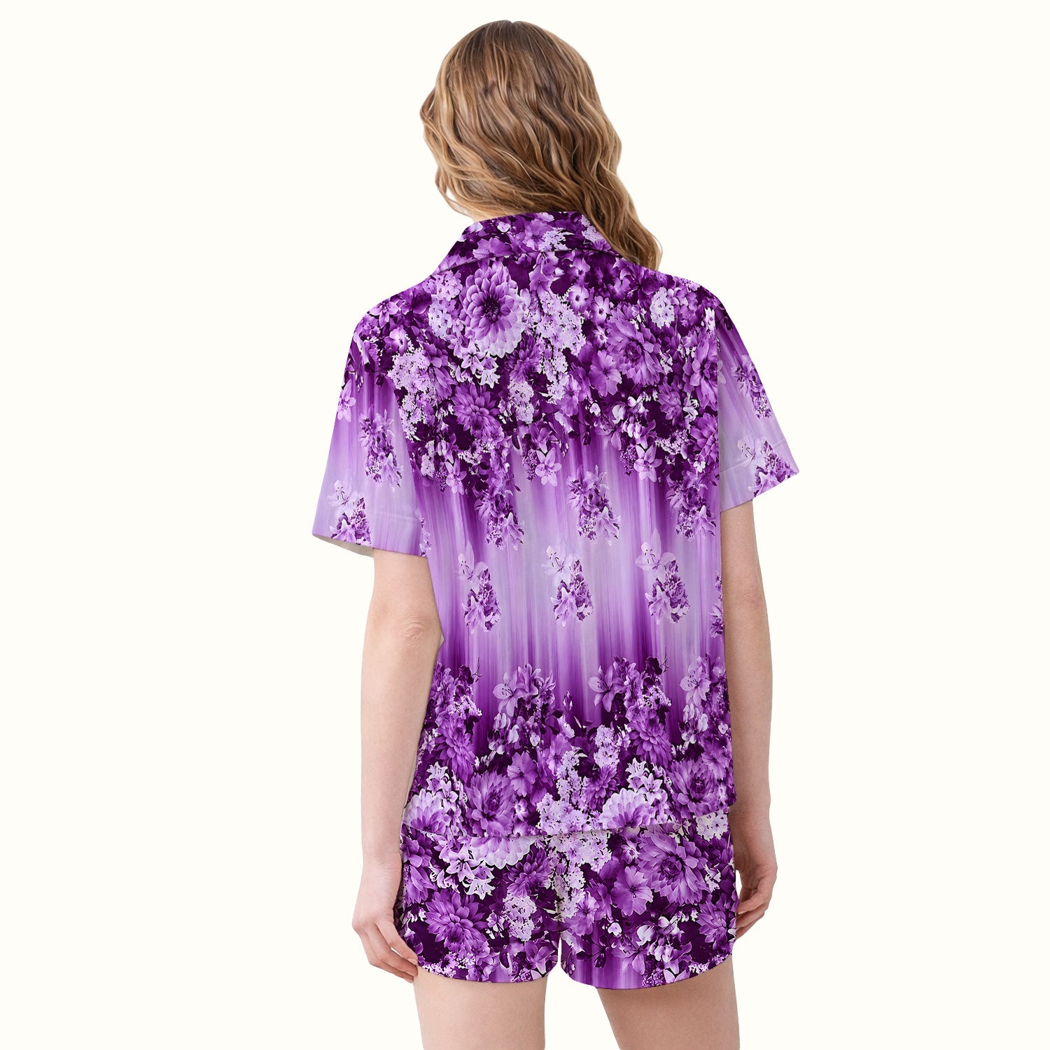 Purple Blossom Garden Pattern Pajama Set, Soft Breathable Fabric Comfortable Sleepwear