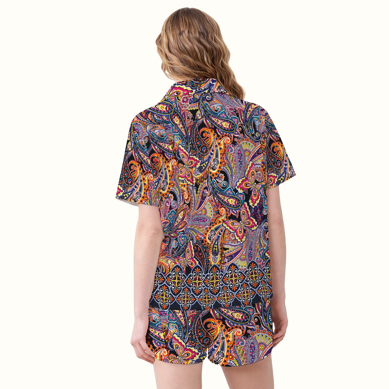 Colorful Bohemian Paisley Floral Pattern Pajama Set, Soft Breathable Fabric Comfortable Sleepwear