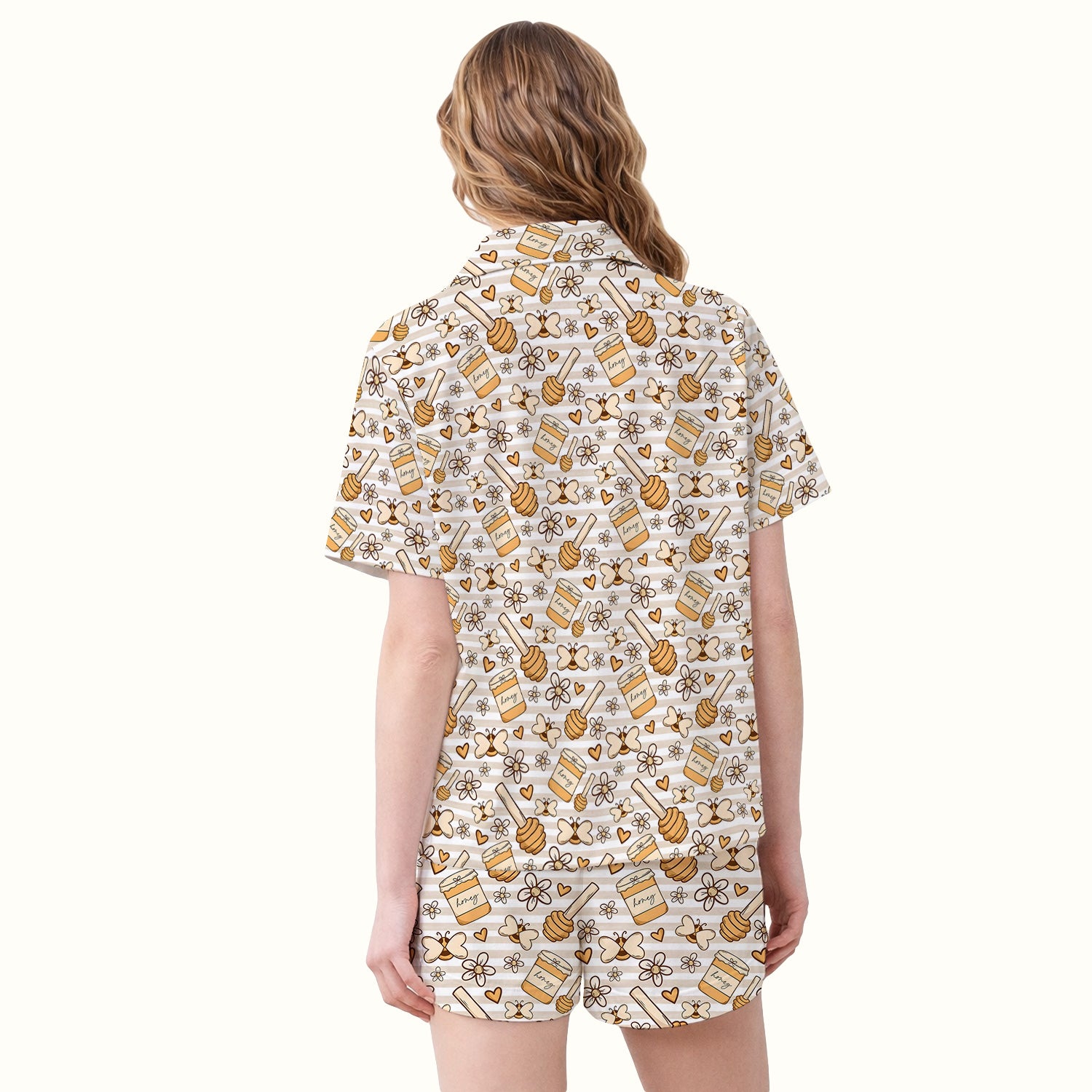 Honey Jar With Daisy Flower Pattern Pajama Set, Breathable Fabrics Uniform