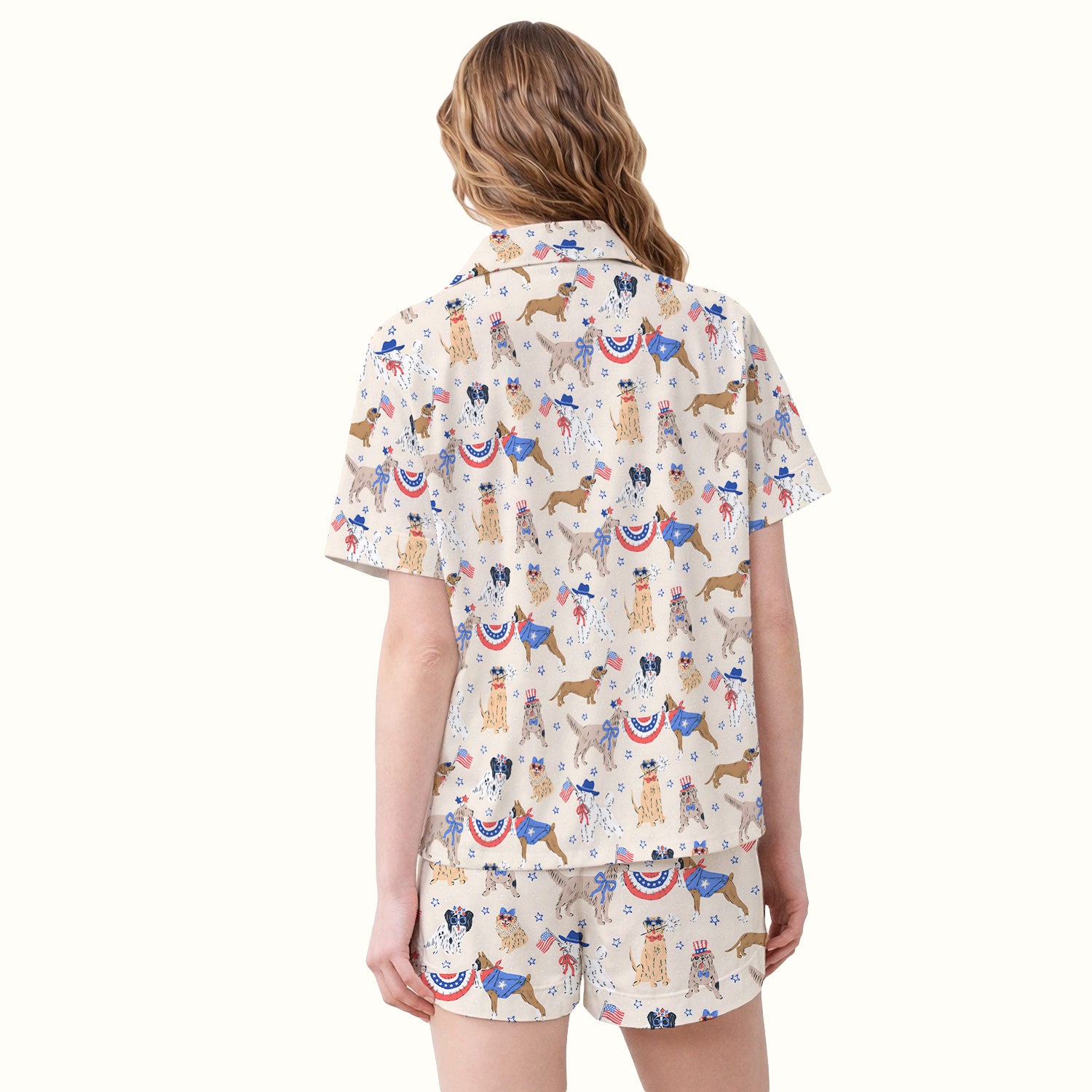 Patriotic Dog Parade Pattern Pajama Set, Soft Breathable Fabric Comfortable Sleepwear