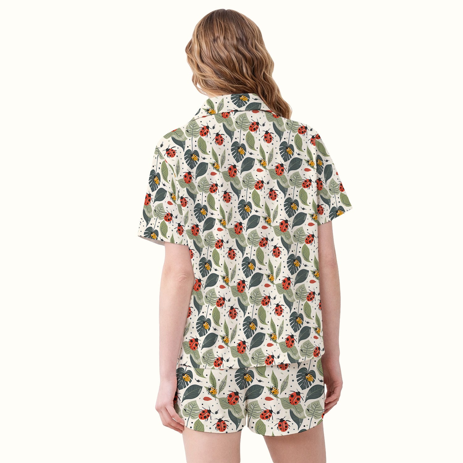 Cute Ladybug Leaf Nature Pattern Pajama Set, Soft Breathable Fabric Comfortable Sleepwear