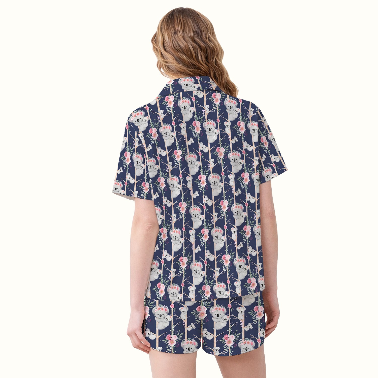 Cute Koala Climbing Tree Blossom Pattern Nurse Pajama Set, Soft Breathable Fabric Comfortable Sleepwear