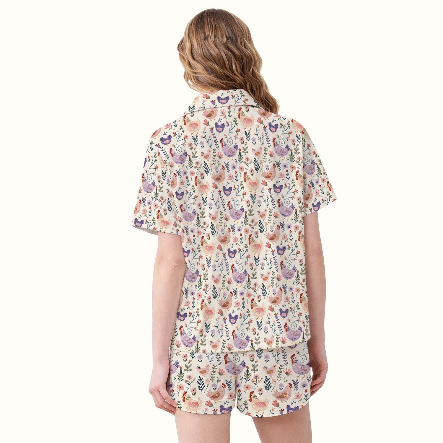 Cute Farm Chicken Floral Garden Pattern Pajama Set, Soft Breathable Fabric Comfortable Sleepwear