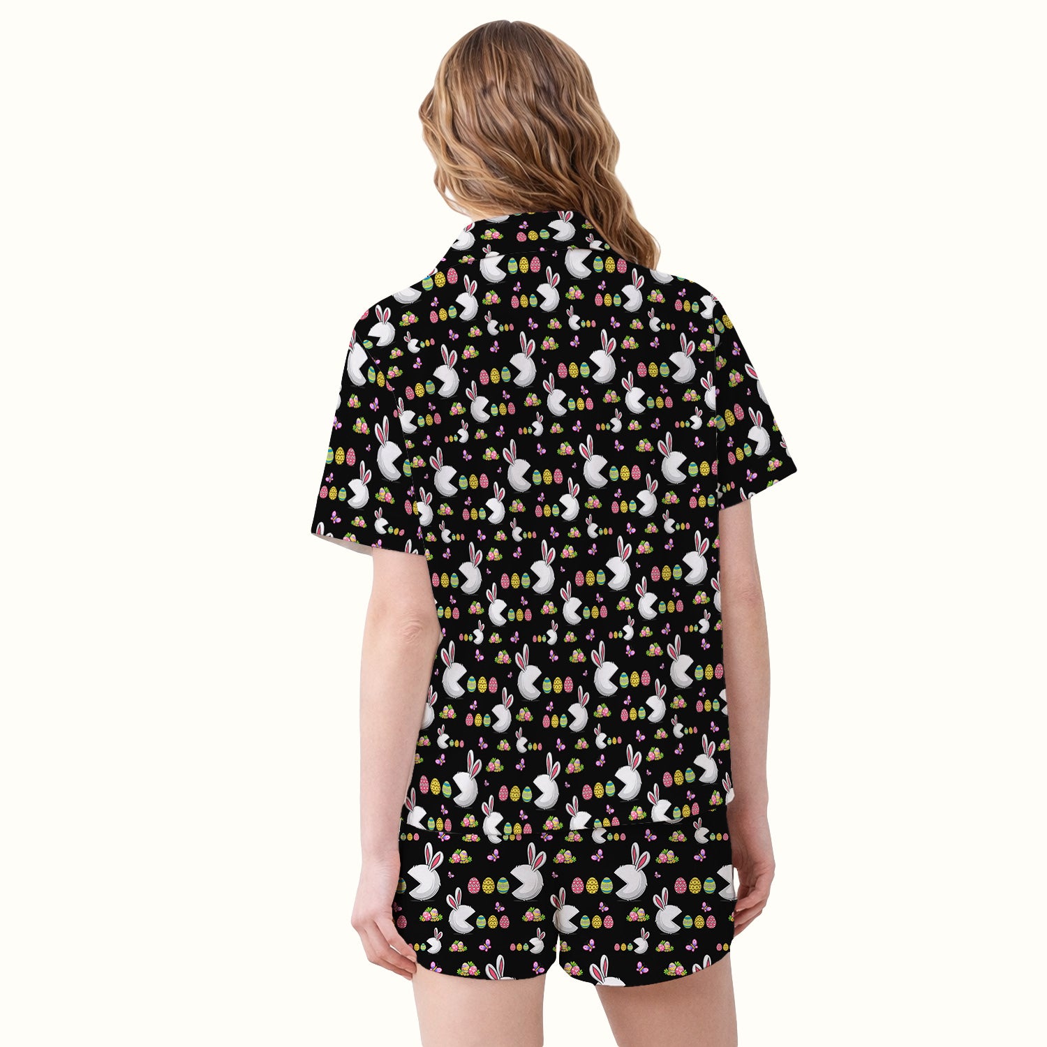 Easter Bunny and Colorful Eggs Print  Pajama Set, Breathable Fabrics Uniform