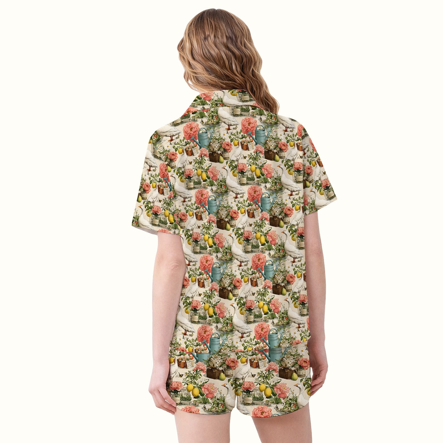 Vintage Goose Garden Floral Pattern Pajama Set, Breathable Fabrics Uniform