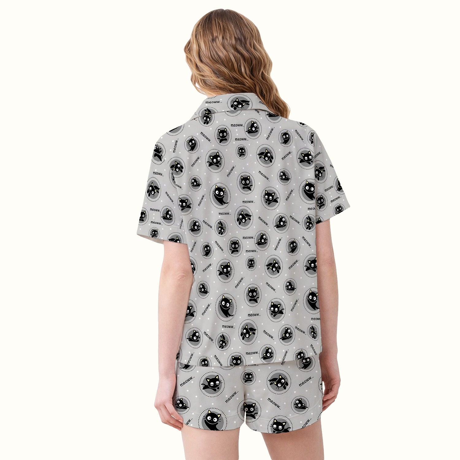 Funny Black Cat Meow Pattern Pajama Set, Soft Breathable Fabric Comfortable Sleepwear