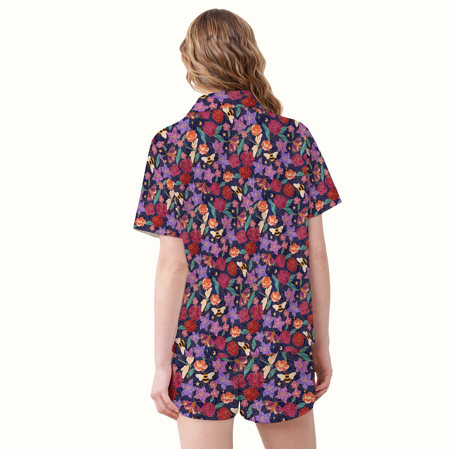 Charming Floral Garden With Bees And Dragonflies Pajama Set, Soft Breathable Fabric Comfortable Sleepwear