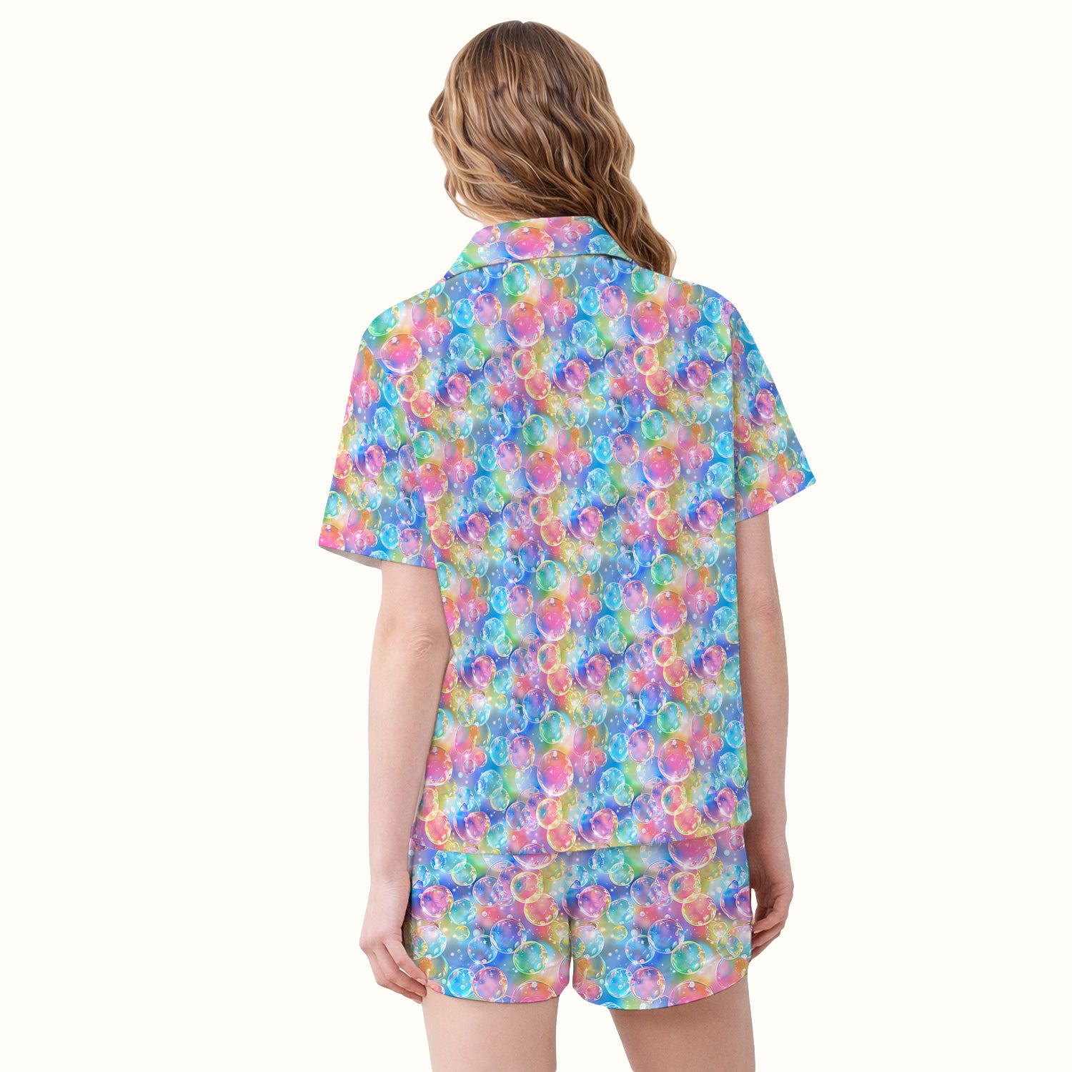 Colorful Floating Soap Bubble Pattern Pajama Set, Breathable Fabrics Uniform