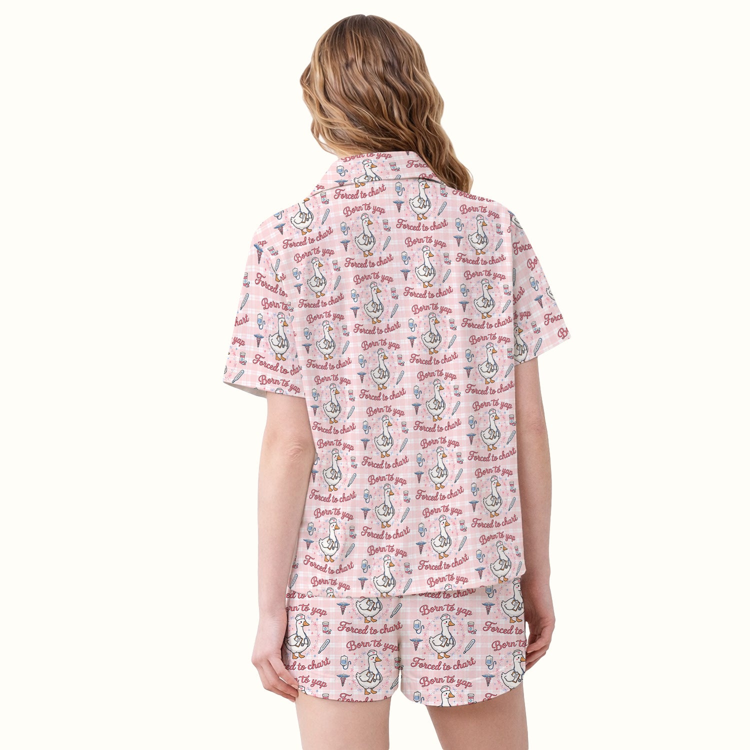 Funny Nurse Goose, Born To Yap Forced To Chart Pattern Pajama Set, Breathable Fabrics Uniform