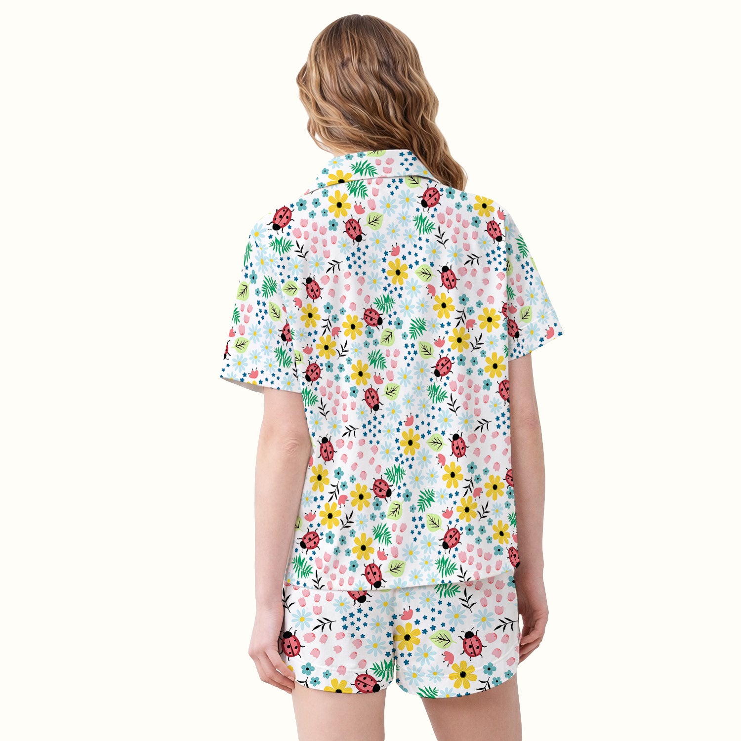 Cute Ladybug Floral Garden Print Pajama Set, Soft Breathable Fabric Comfortable Sleepwear
