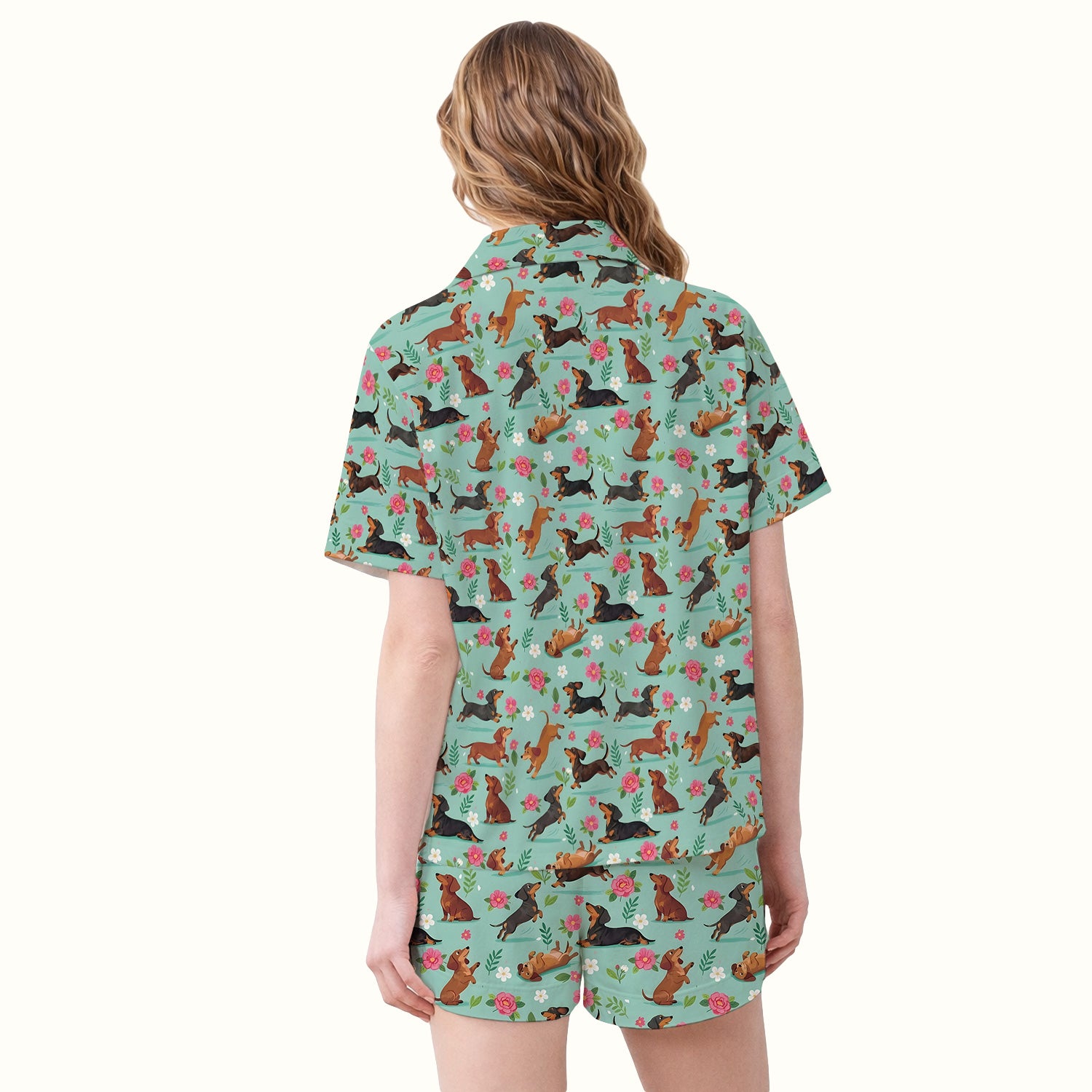 Cute Floral Dachshund Puppy Pattern Pajama Set, Soft Breathable Fabric Comfortable Sleepwear