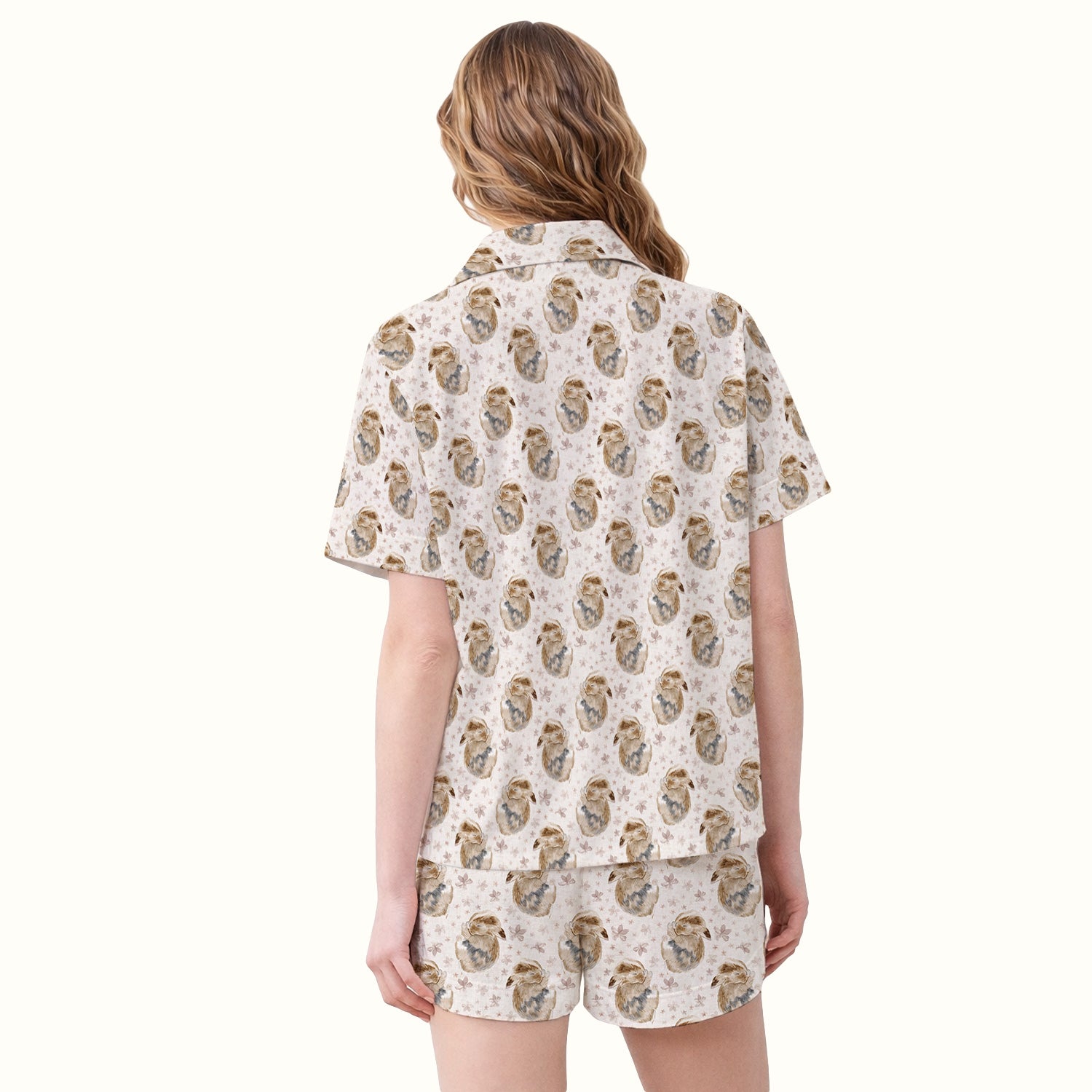 Cute Sleeping Bunny Floral Meadow Pattern Nurse Pajama Set, Soft Breathable Fabric Comfortable Sleepwear