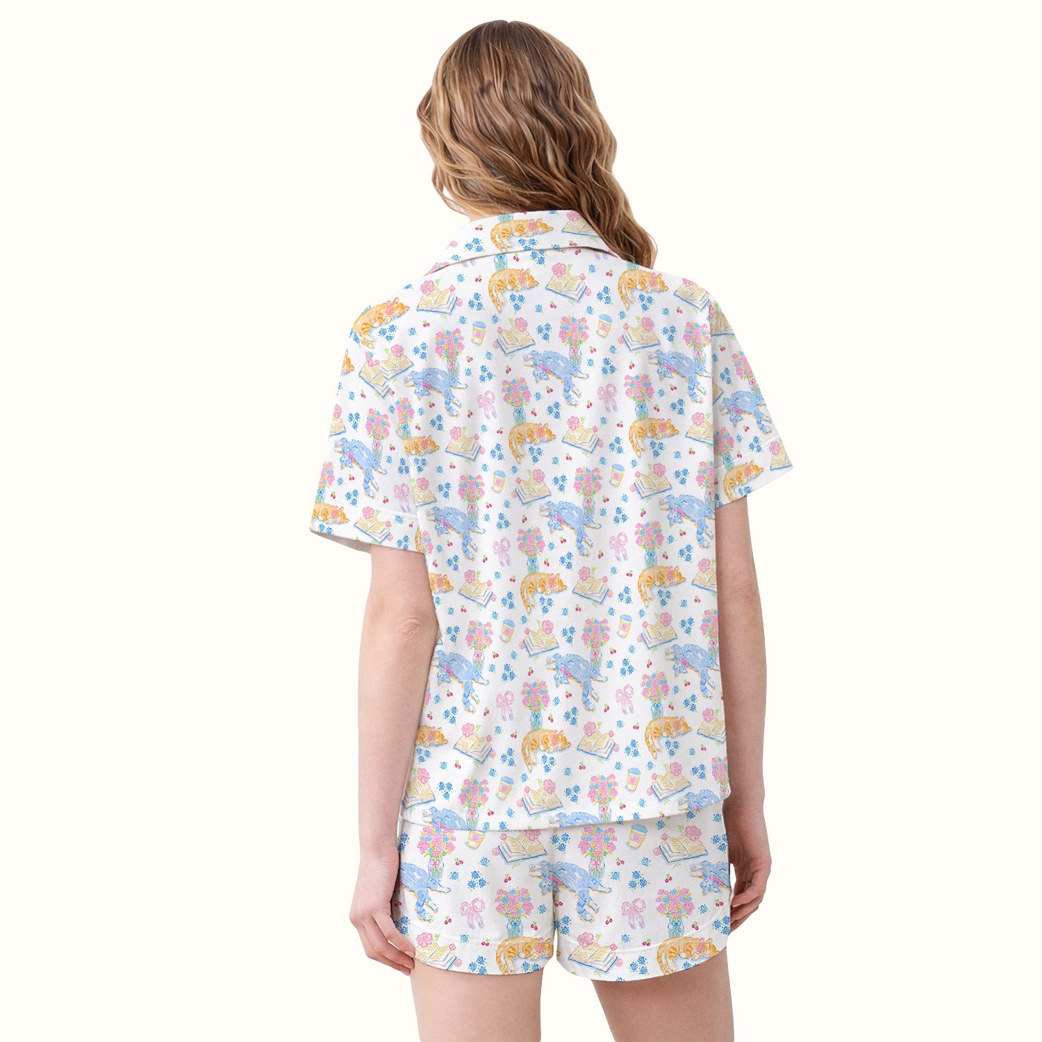 Cute Cats Reading Floral Books Pattern Pajama Set, Soft Breathable Fabric Comfortable Sleepwear