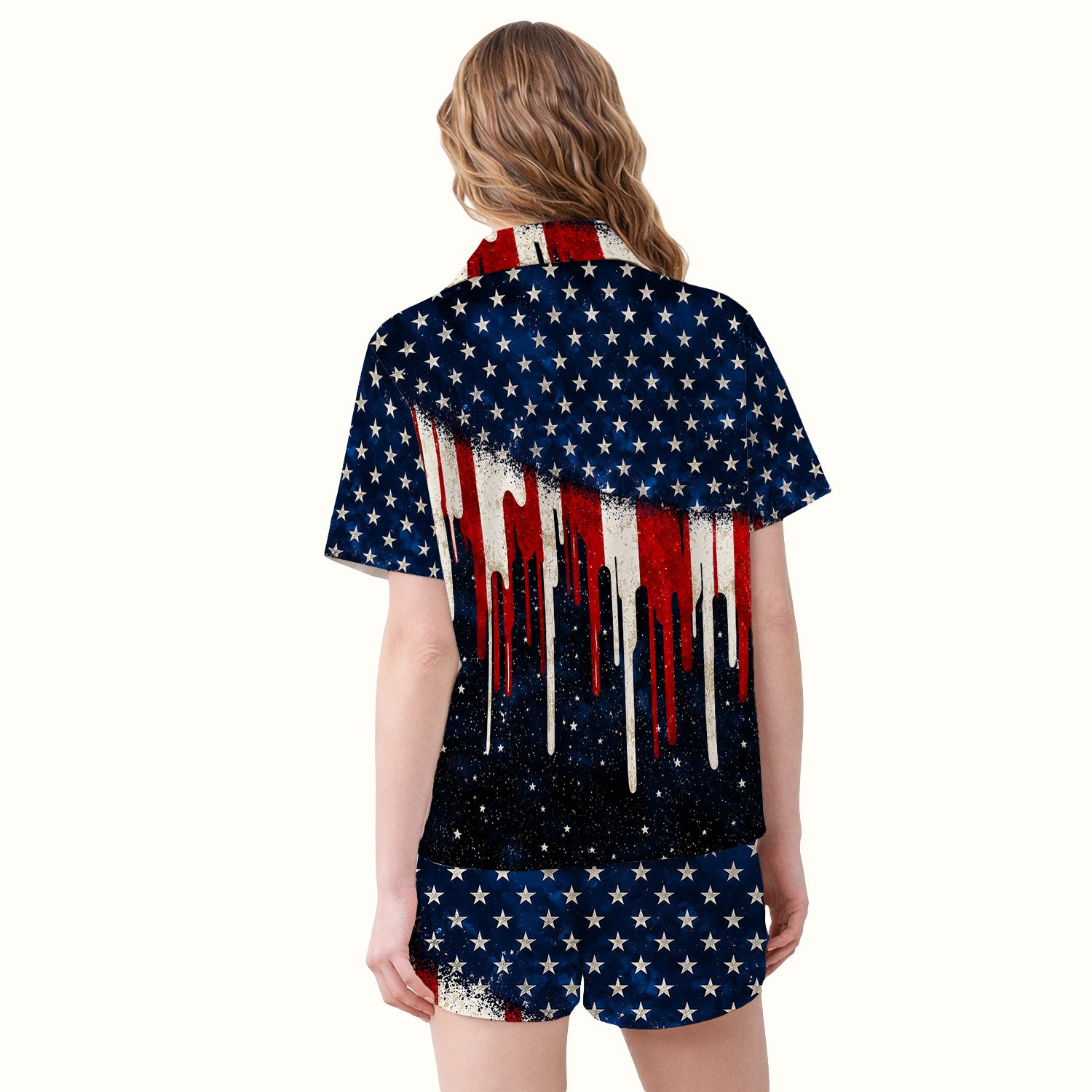 Festive Patriotic Dripping Flag Pattern Pajama Set, Soft Breathable Fabric Comfortable Sleepwear