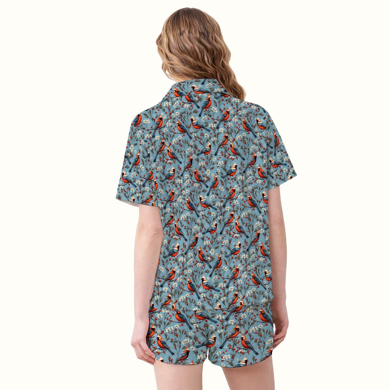 Cute Cardinal Berry Blossom Pattern Pajama Set, Soft Breathable Fabric Comfortable Sleepwear