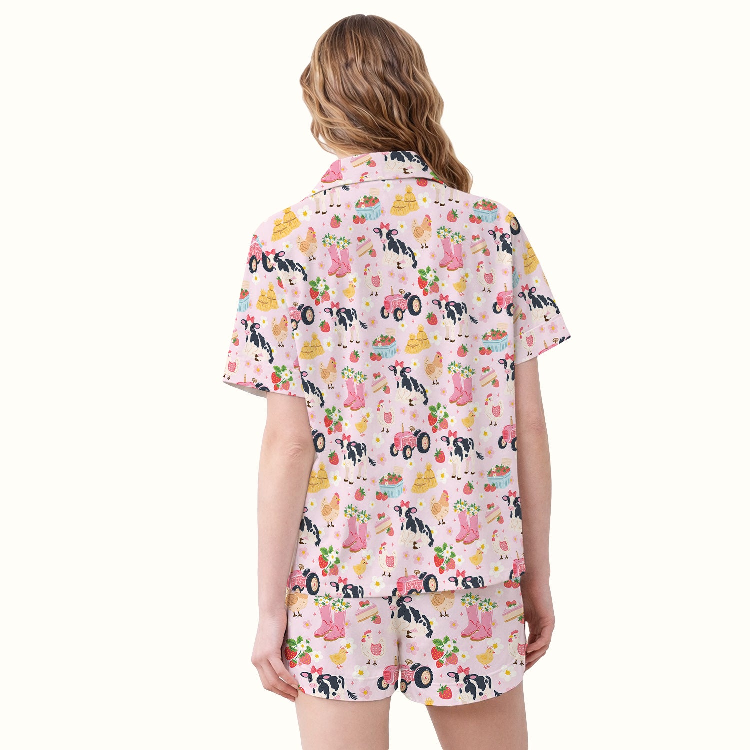 Cute Farm Animals & Strawberry Garden Pattern Pajama Set, Soft Breathable Fabric Comfortable Sleepwear
