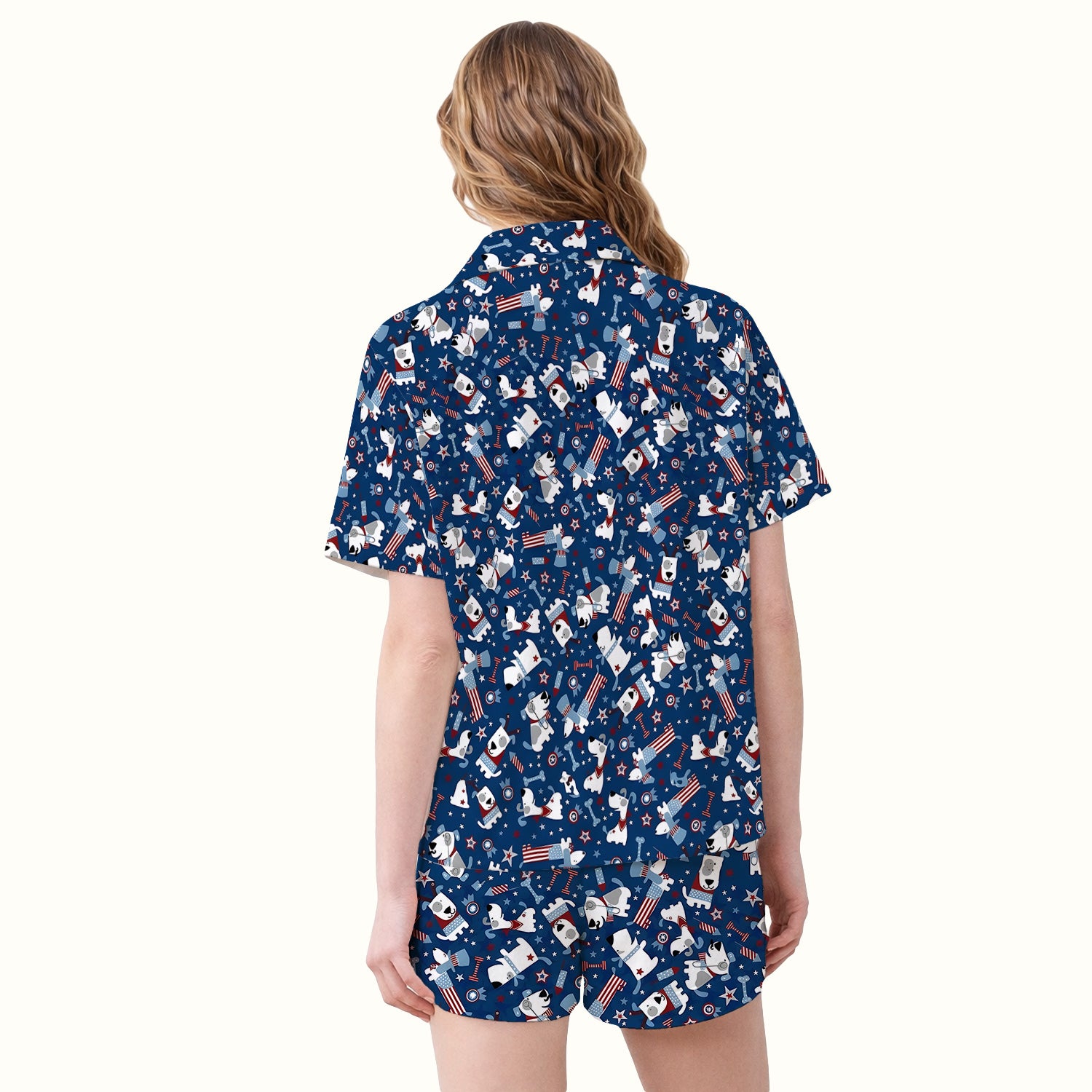 Patriotic Nurse Dog Stars Pattern Pajama Set, Soft Breathable Fabric Comfortable Sleepwear