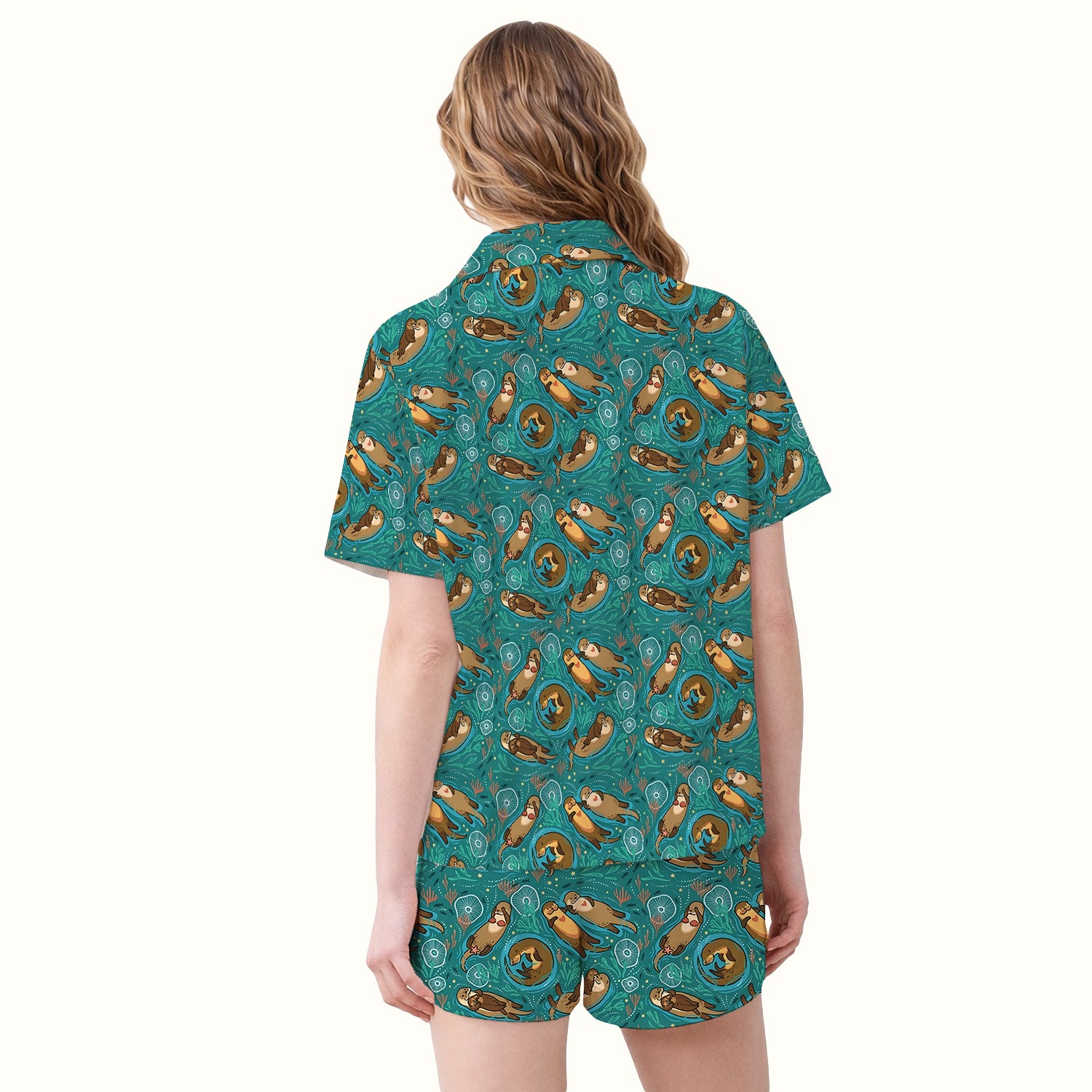 Sea Otter Floating Ocean Pattern Pajama Set, Soft Breathable Fabric Comfortable Sleepwear
