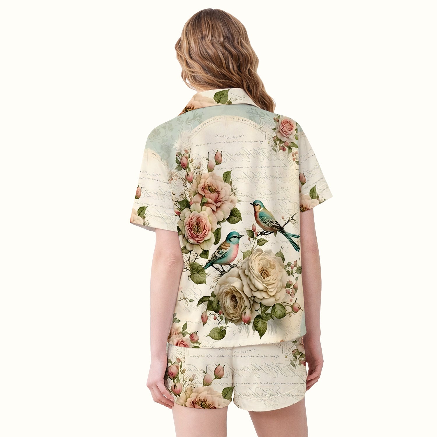 Vintage Birds Rose Pattern Pajama Set, Soft Breathable Fabric Comfortable Sleepwear