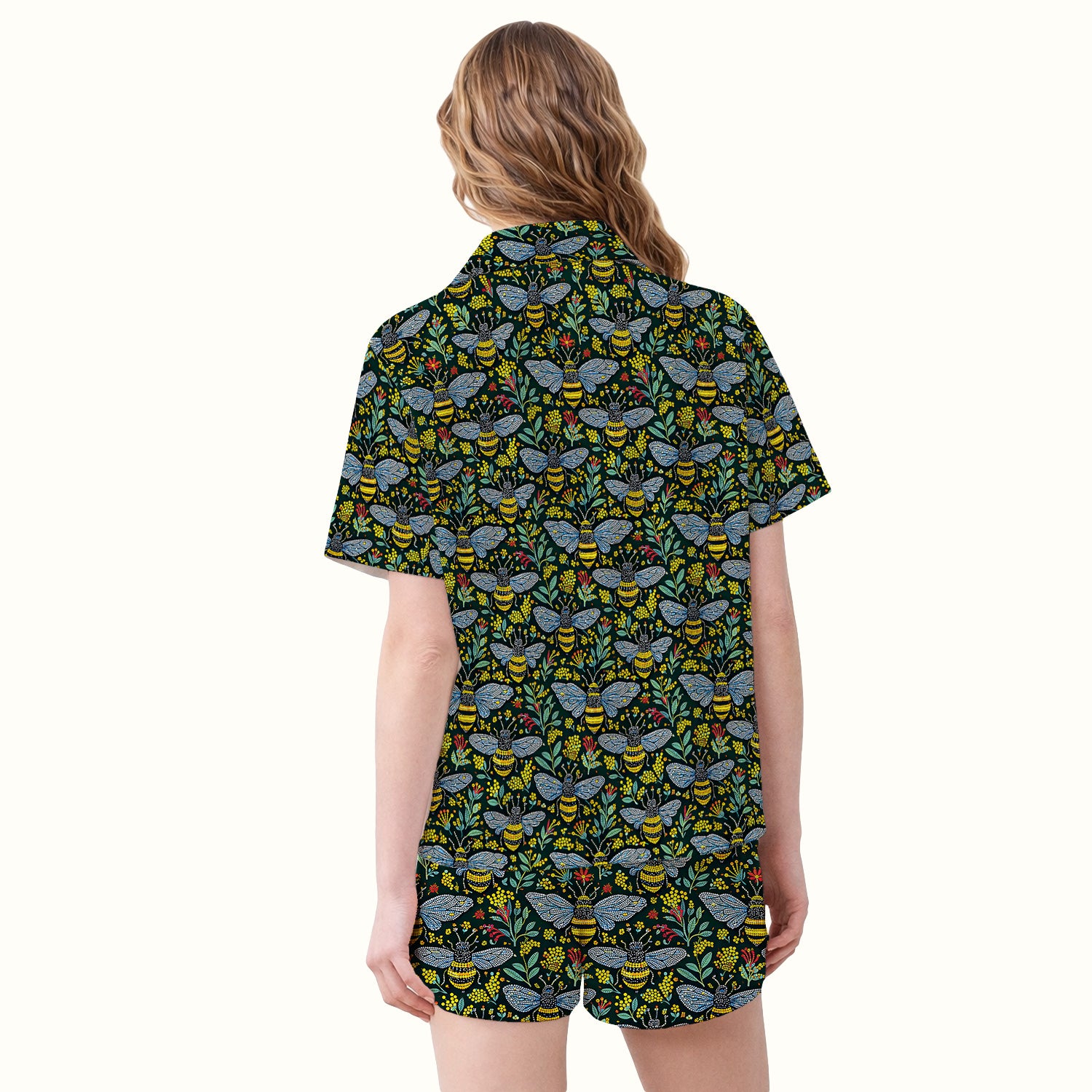 Honey Bee And Wildflower Garden Pattern Pajama Set, Breathable Fabrics Uniform