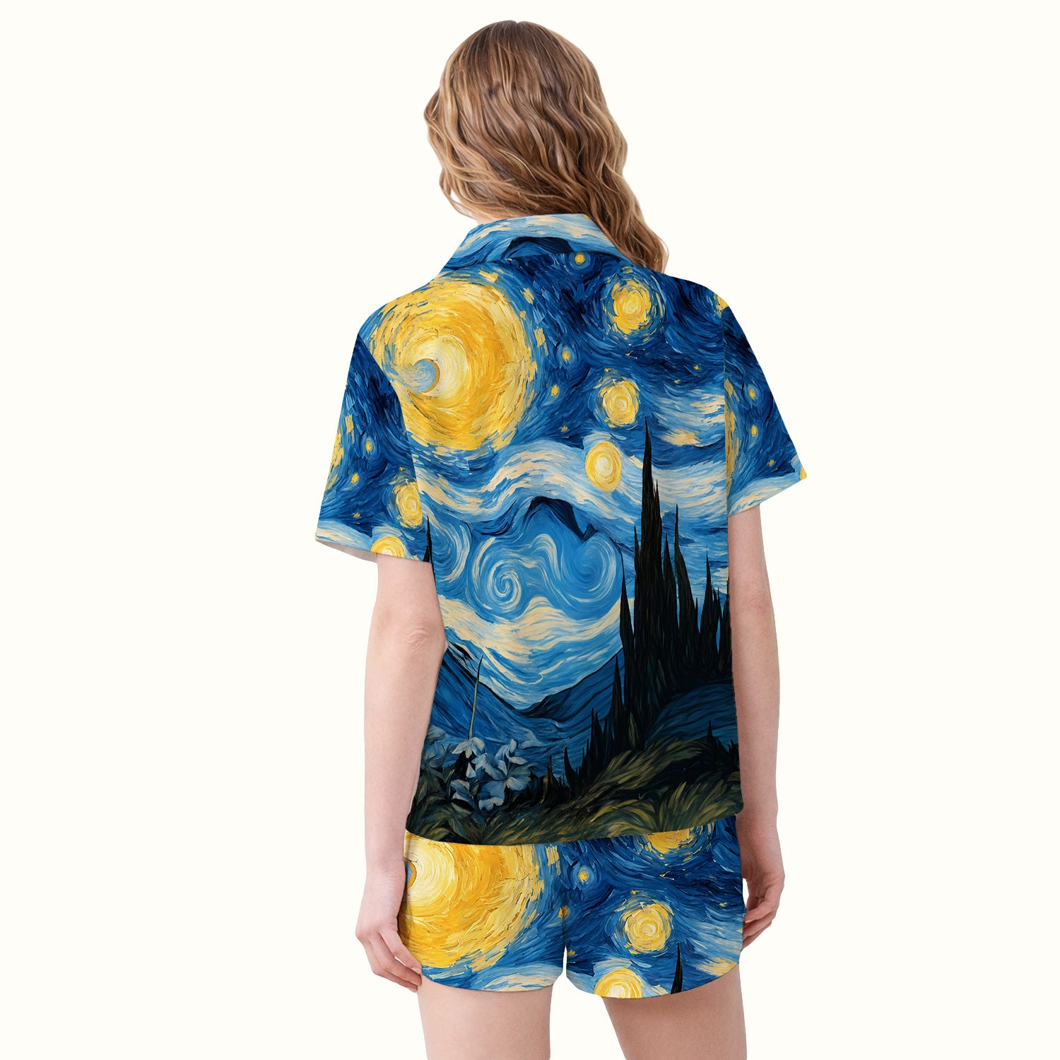 Swirling Moonlit Cat Scene Print Pajama Set, Soft Breathable Fabric Comfortable Sleepwear