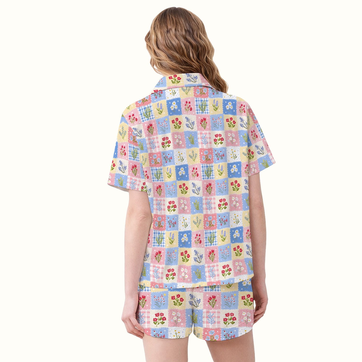 Pastel Patchwork Wildflower Garden Print Pajama Set, Soft Breathable Fabric Comfortable Sleepwear