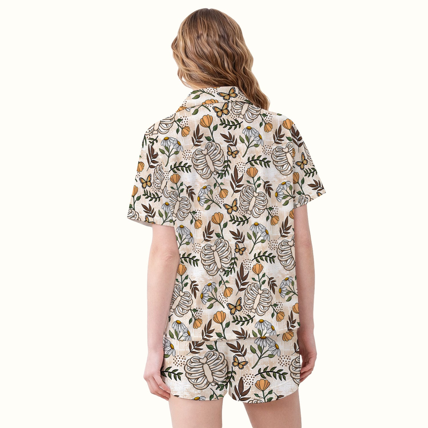 Skeleton Ribcage With Daisy And Butterfly Floral Pajama Set, Breathable Fabrics Uniform