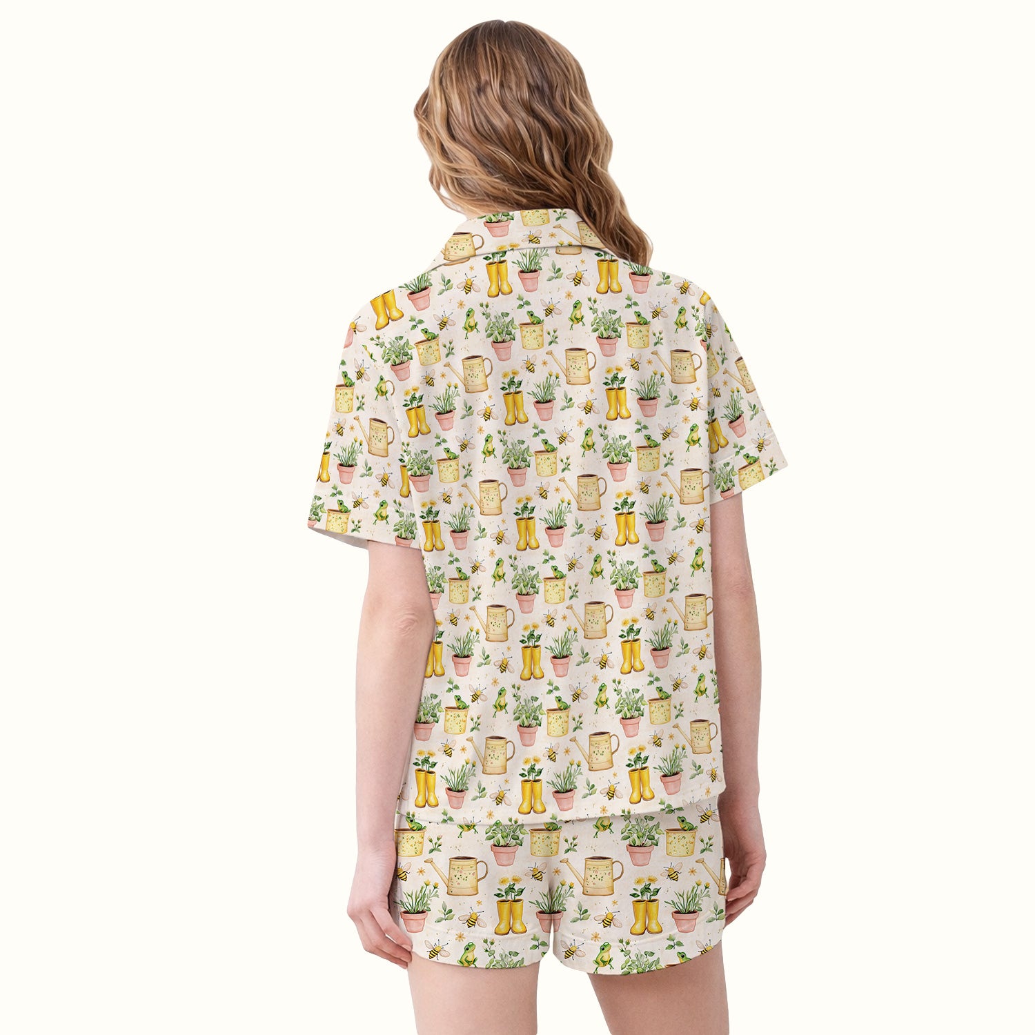 Cute Nurse Frog And Bee Garden Pattern Pajama Set, Breathable Fabrics Uniform