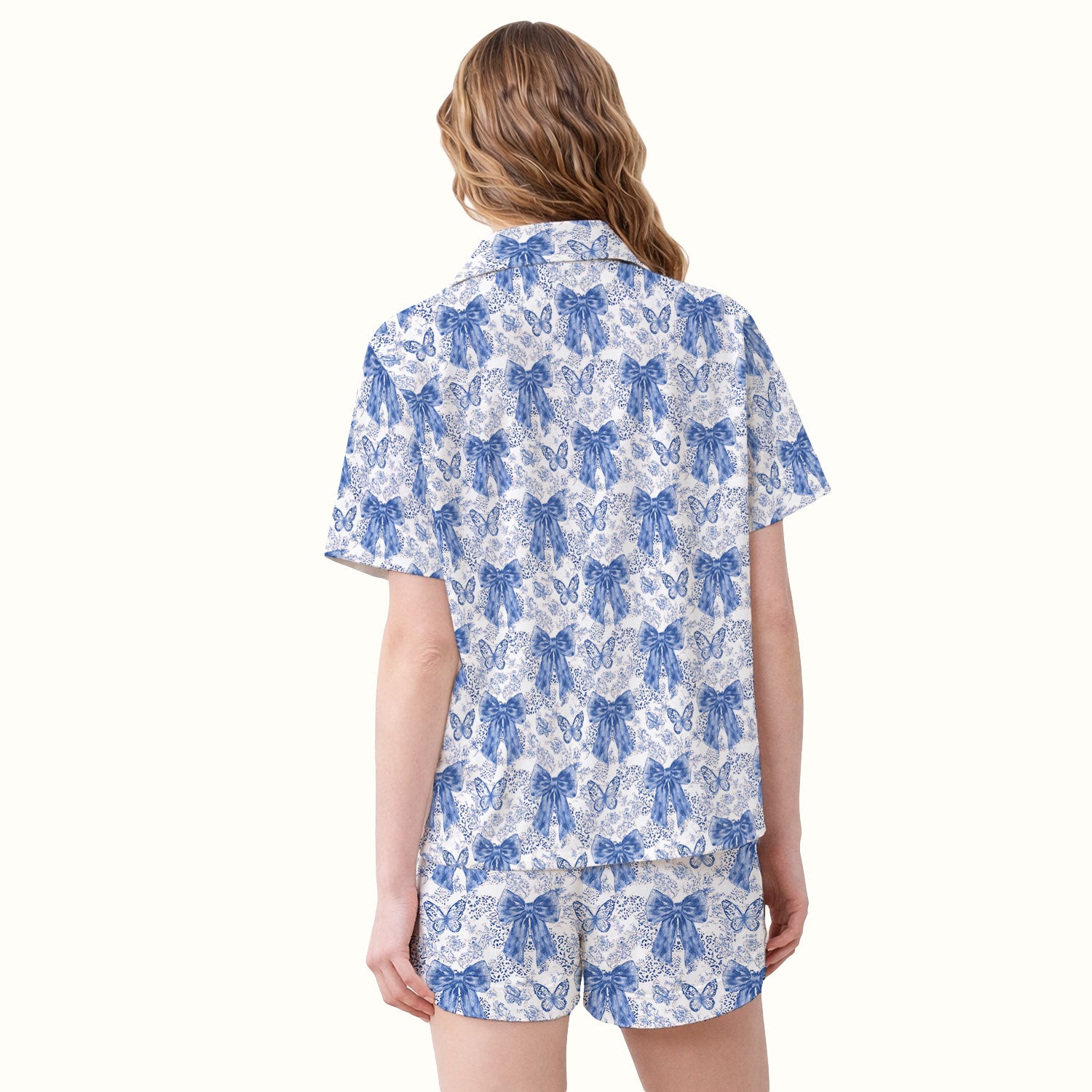 Blue Bow And Butterfly Vintage Floral Pajama Set, Breathable Fabrics Uniform