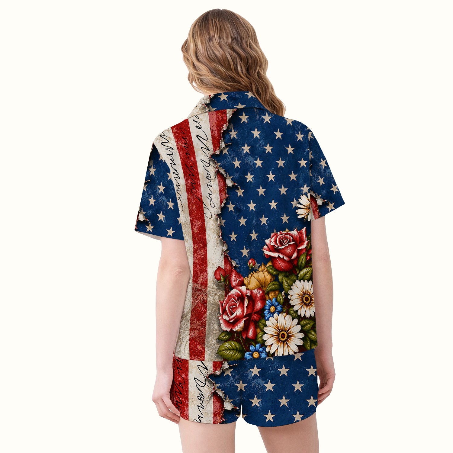 American Flag Vintage Rose Floral Pattern Pajama Set, Soft Breathable Fabric Comfortable Sleepwear