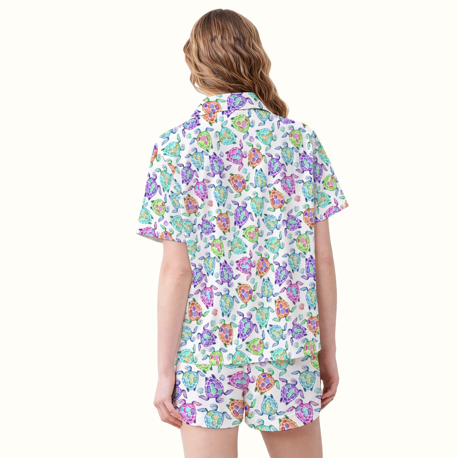 Colorful Sea Turtle Shell Pattern Pajama Set, Soft Breathable Fabric Comfortable Sleepwear