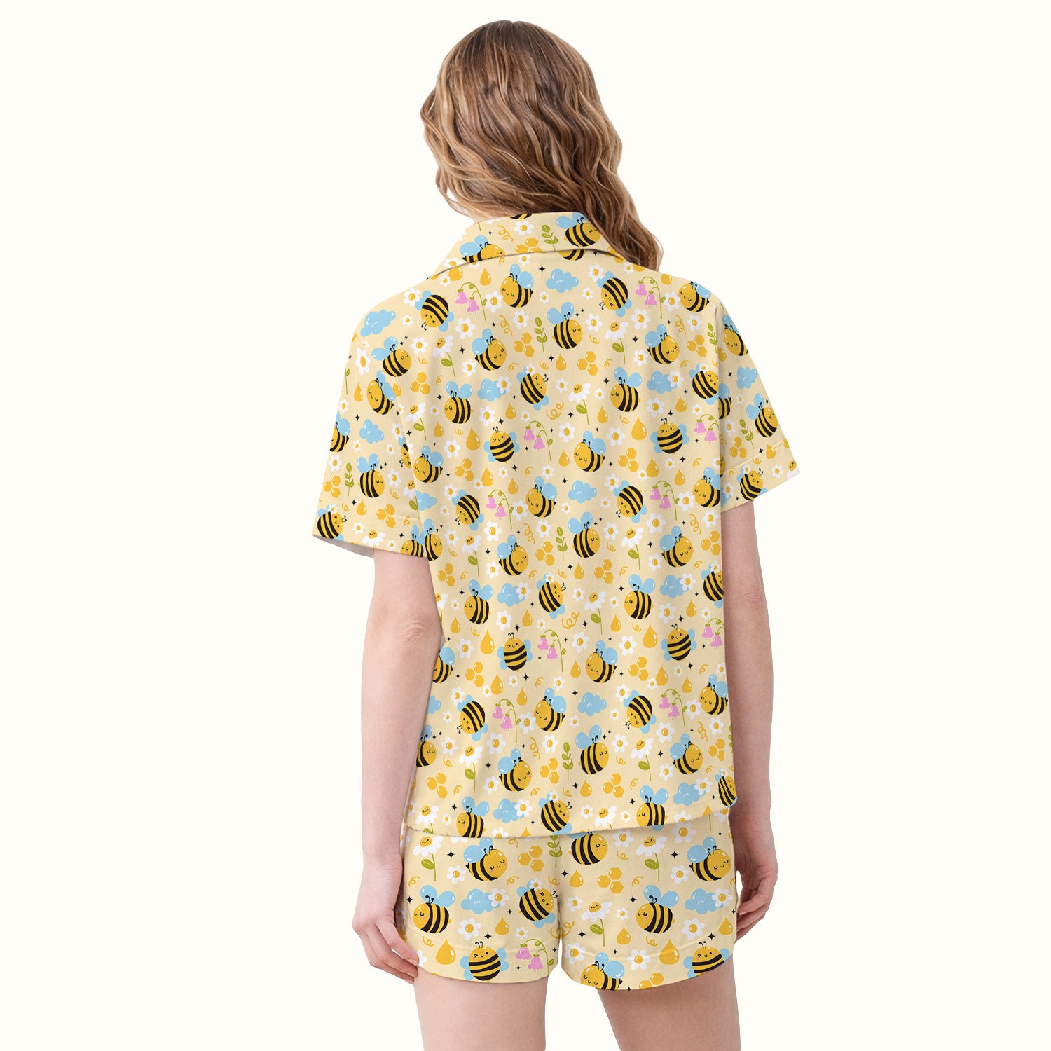 Honey Bee Flower Cloud Pattern Pajama Set, Breathable Fabrics Uniform