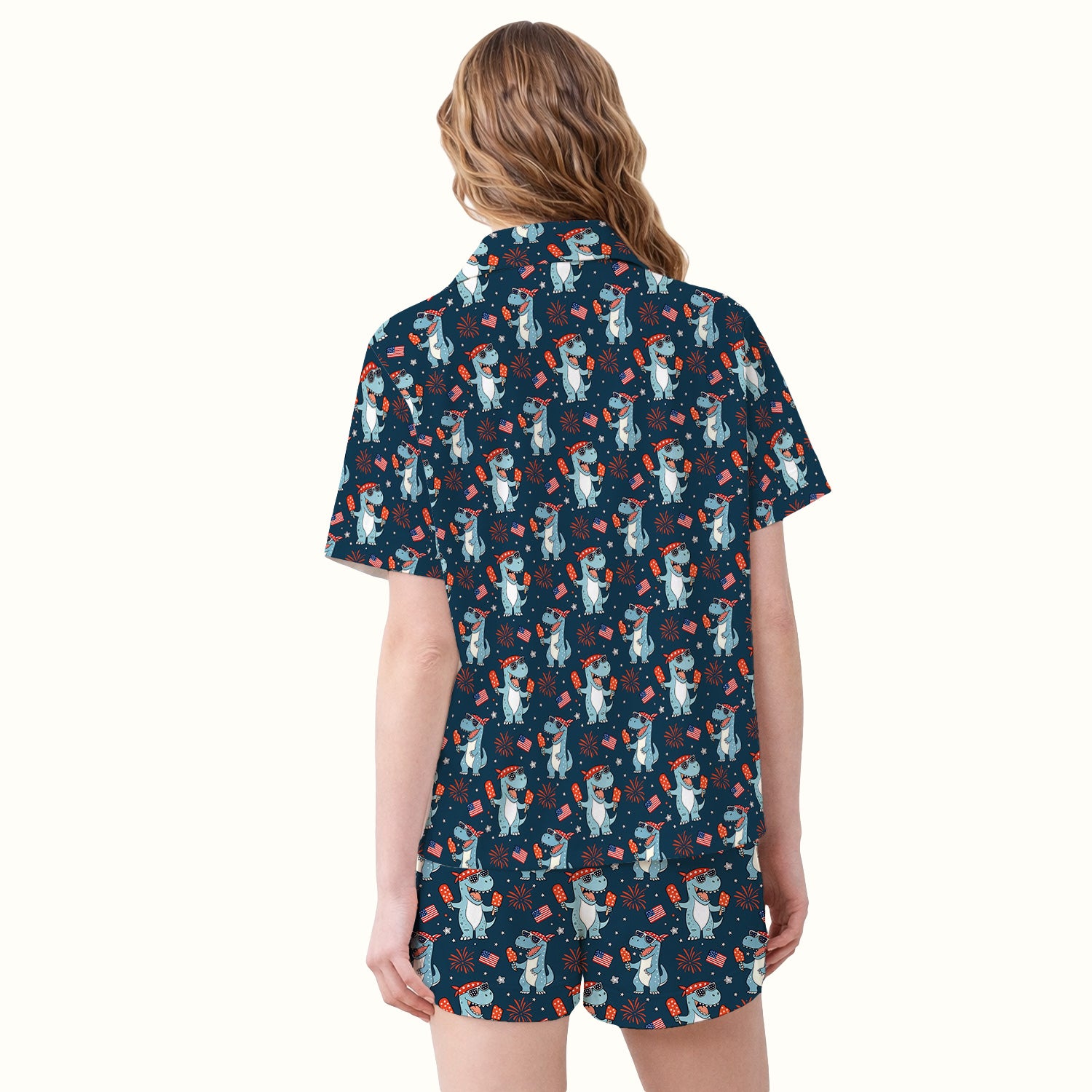 Dinosaur With Flag American Pattern Pajama Set, Soft Breathable Fabric Comfortable Sleepwear