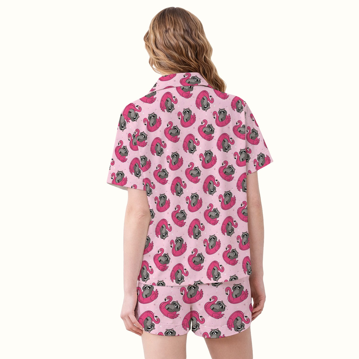 Cute Raccoon Flamingo Float Pattern Pajama Set, Soft Breathable Fabric Comfortable Sleepwear